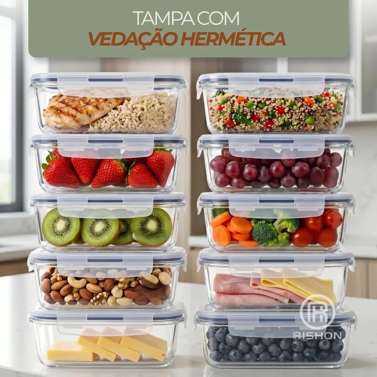 Kit 10 Pote De Vidro Marmita Hermético 370ml Freezer Fitness Rishon
